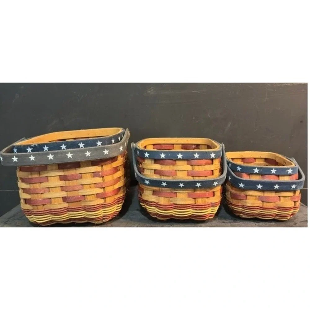 Americana Patriotic Basket Set of 3 Star Handle Woven Wood Nesting Unbranded